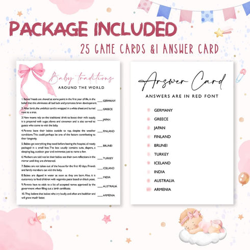 25 A06 Baby Traditions Around The World Shower Game, Ready-to-Play Pink Bow Cards with Answer Key, Fun & Educational