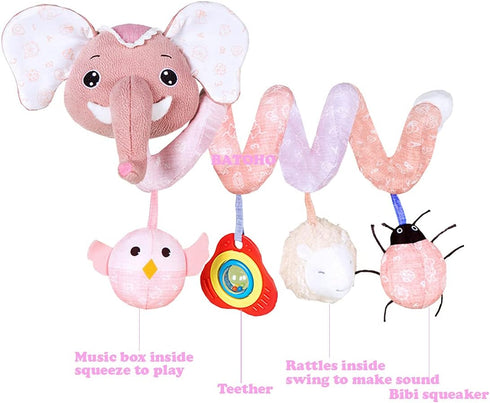 Musical Owl Rattle and Hanging Stroller Toys for Babies 0-6 Months, Pink Elephant Car Seat Toys for Newborn Girls