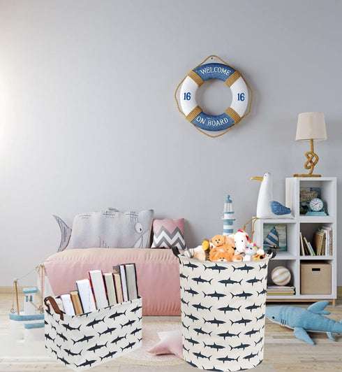 Kids Laundry Hamper, Canvas Shark Hamper Collapsible Storage Baskets for Boys Room Decor (Shark)