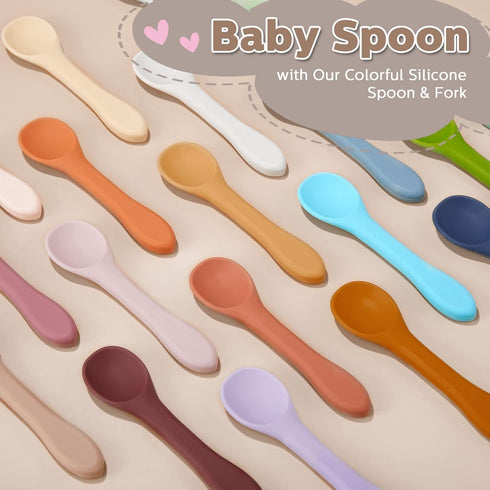 6 Pieces Silicone Baby Feeding Forks and Spoons Set, Mini Kids Utensils for 6 Months and Up (Cream Color)