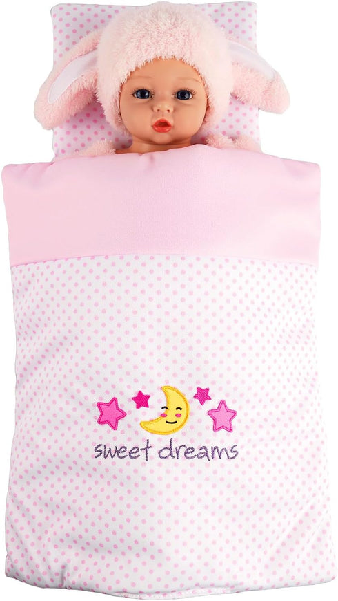 2 Set 12-15 Inch Set BABESIDE Pcs Baby Doll Bedding for Dolls, Pink Polka Dot Baby Doll Blanket and Pillow with Cute