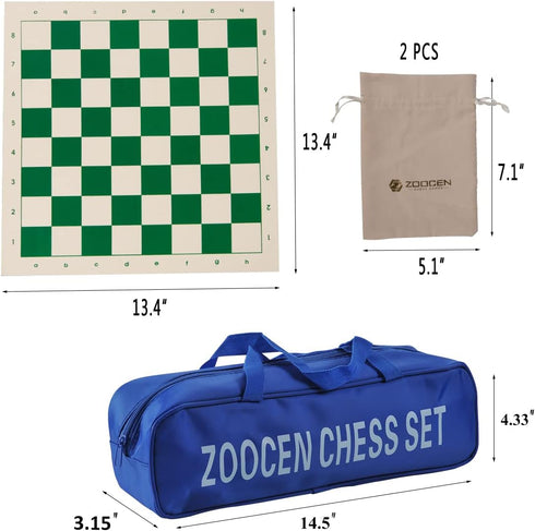 Plastic Chess Set with Green Roll-Up Vinyl Chess Board - Foldable Game with Extra Queen