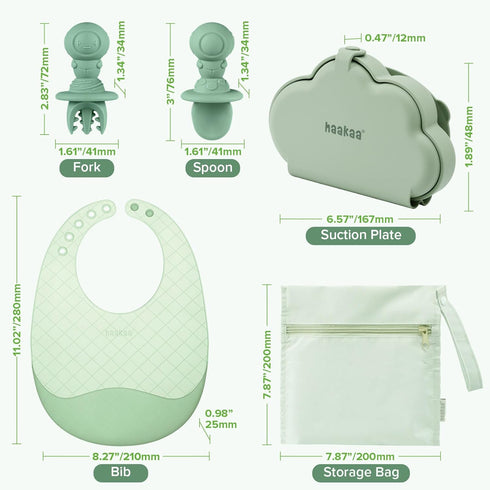 Set 6M+ haakaa Cloud Crew Silicone Travel Baby Feeding with Foldable Suction Baby Plate, Silicone Bib, Baby Spoon