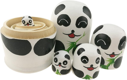 Winterworm 5.1” Cartoon Panda Russian Nesting Dolls, 5 Pieces Handmade Stacking Toys