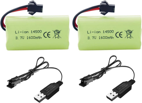 Fytoo 2PCS 3.7V 1600mAh Li-ion Battery with SM-2P Plug & 2PCS USB Charging Cable for 9962 8837 RC Toy Car