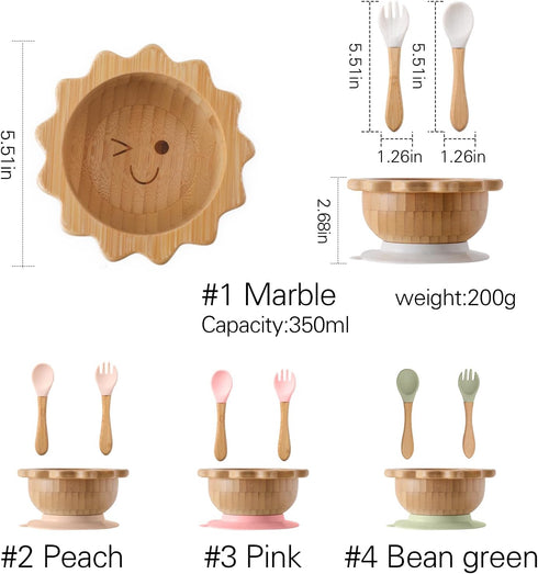 Bamboo Suction Bowl for Baby, Kid, Toddler, Spoon Fork Set, Removable Silicone Suction, All-Natural Feeding Set