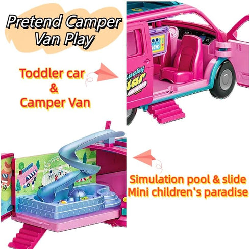 Doll Camper Van Playset for Girls, Portable Doll Car Play with Doll Furniture, Pool & Accessories