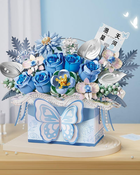 Set, 998 (1968) Mini Portable Block Flower Blue Rose Creative Eternal Flower Gifts Box with Romantic Light, Home Decor