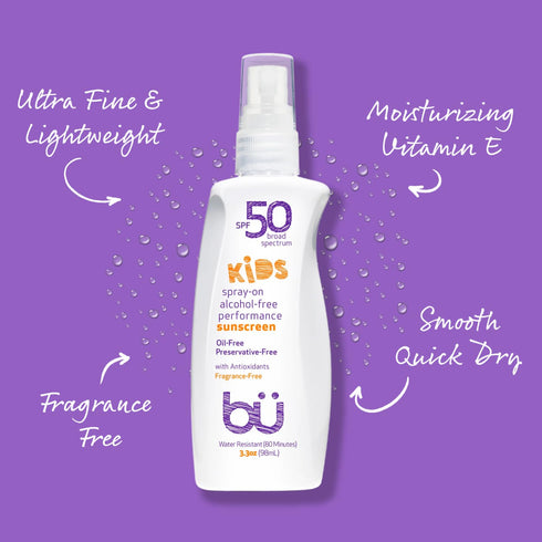 50 3.3 oz 1 oz (2-Piece BU SPF Fragrance Free Kids Sunscreen Spray for Face and Body, TSA Travel Size Sunscreen, Clear