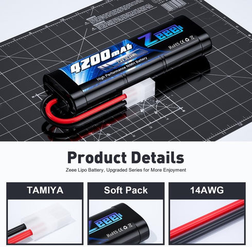 Zeee 7.2V 4200mAh NiMH Battery with Tamiya Connector, High Power for RC Car Truck (2 Pack)
