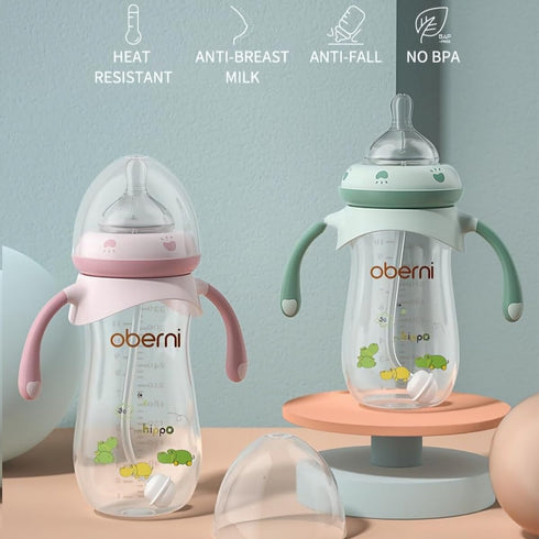 12+ Blue/3Pack/9oz Oberni Baby Bottles, Weighted Straw Toddler Milk Bottles with Non-Slip Handle, Size + Variable Fast