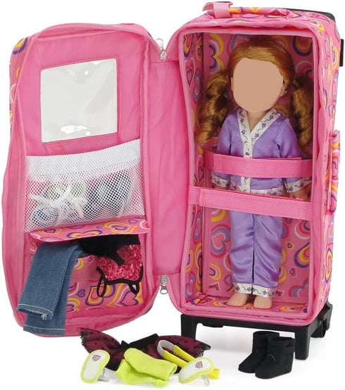 14 Inch Backpack 14" 15" Emily Rose Doll Travel Carrier - Pink Hearts Design with Wheeled Trolley, Removable Bed