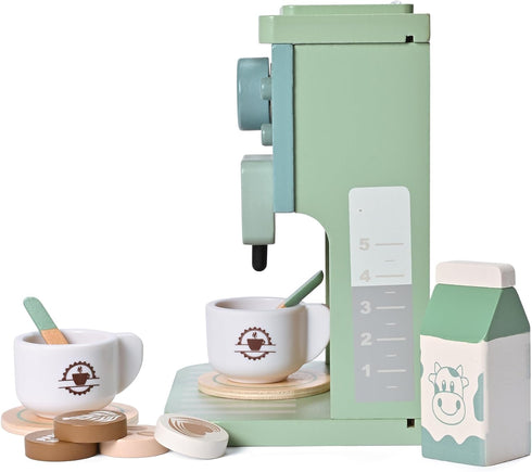 Kids Wooden Toys Toddler Pretend Play Kitchen Accessories - Green Coffee Maker Espresso Machine Playset