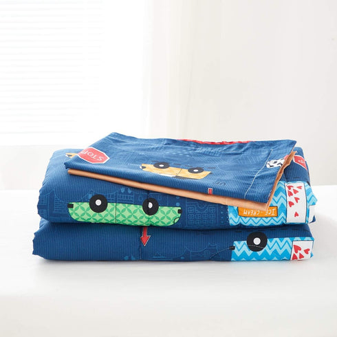 Set 1 Boys Toddler Bedding Navy with Colorful Cars Includes Boys Comforter, Flat Sheet, Fitted Sheet and Pillowcase