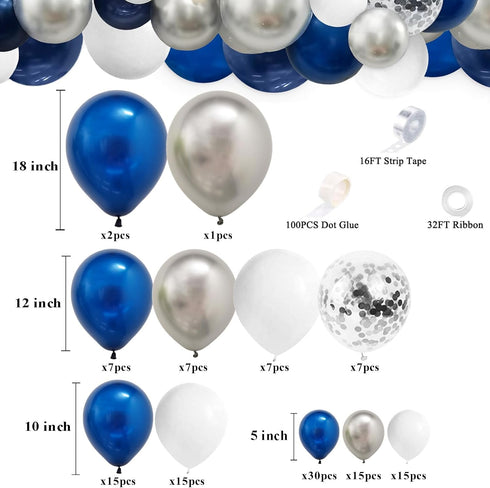 124pcs Blue Silver White Balloons Garland Arch Kit, 5/10/12/18 Inch Set for Birthday Wedding Graduation Party Decor