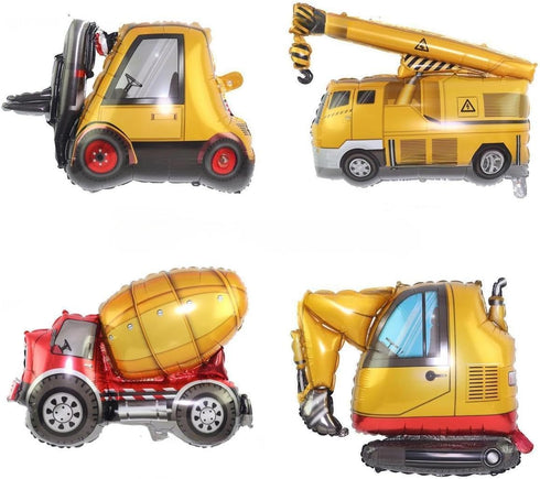 4Pcs Construction Balloons, Excavator, Dump Truck, Forklift, Mixer Truck, Crane Balloon for Birthday Party