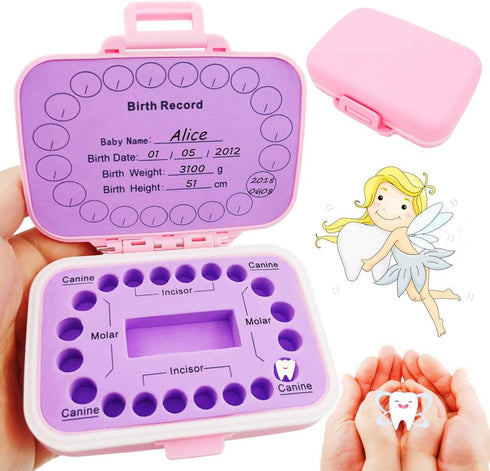 Baby Teeth Keepsake Box, Children Kids Tooth Storage Holder Organizer Printed in English for Child-Wood Memory (Pink)