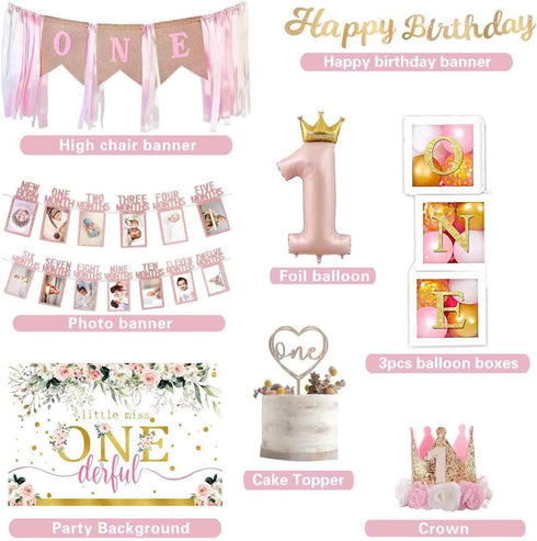 Generic 1st Baby Girl Birthday Decorations Supplies - Balloon Boxes, Pink Gold Balloons Garland Arch KitParty Backdrop