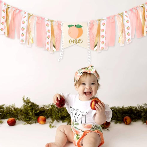 Derzhssg 1st Peach Theme Baby Birthday Banner - High Chair Banner, Sweet Peach Birthday Decorations, Crush Cake Photo