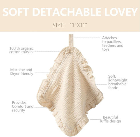 Loveys for Babies, 2 Pack Organic Cotton Muslin with Snap Closure, Newborn Baby Lovey Security Blankets
