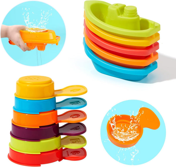 Bath Toys Rainbow Floating Boats with Bathing Spoon, 11 Pcs Water Table Toys for Toddlers 1-3/Infants 6-12-18 Months