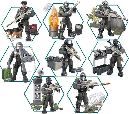 Special Forces Mini Military Action Figure with Weapons Building Blocks Playset, 8 PCS 1:36 Scale SWAT Police Figure,