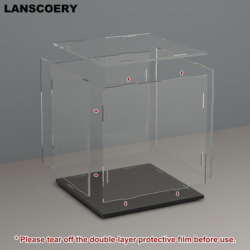 LANSCOERY Acrylic Display Case, Small Showcase Box for Collectibles, Dustproof Design, Black Base, 4x4x4inch