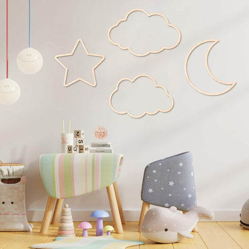 Kathfly4 Pieces Boho Nursery Cloud Star Wall Decor Wooden Babyroom Moon Rattan Wall Decor Wooden Rainbow for Children