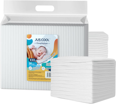 JUS COOL Incontinence Bed Pads 30”x 36” (50 Count), Disposable Baby Changing Pads, Ultra Absorbent and Waterproof