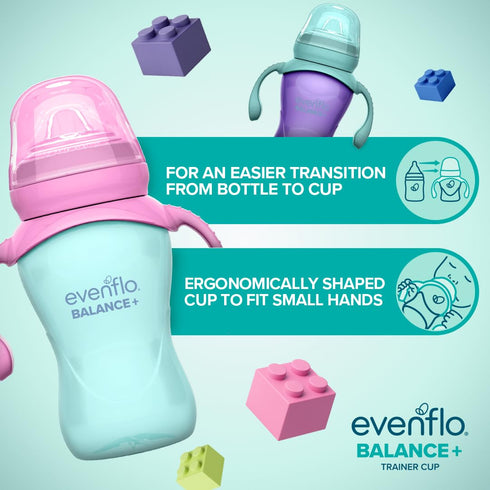 6+ 9oz, 2 Pack Evenflo Balance+ Trainer Cups for Babies Months, Purple and Mint, Ergonomic Design with Handles