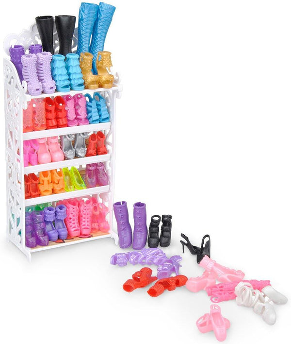 E-TING 1 Doll Shoes Rack with 20 Pairs Doll Shoes, High Heel Shoes Boots Sandals Set