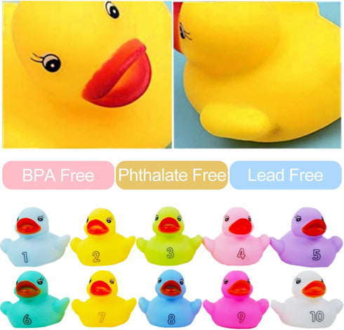 10 Pack: Counting 1, 2, 3 Count Set Numbers Rubber Ducks Colorful Bath Toys - Learn to Numeracy Early Learning