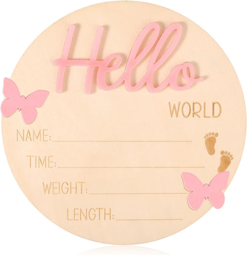 Lyreh Baby Announcement Board, Wooden Hello World Welcome Newborn Plaque Baby Birth Name