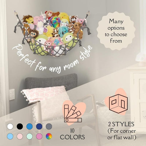 Stuffed Animal Storage Macrame Hammock w/String Lights for Flat Walls - Large, 2 Pack - Boho Decor