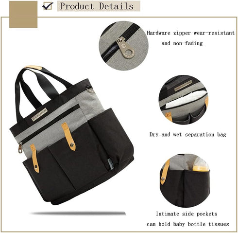 Diaper Bag Tote with Changing Pad and Stroller Bag, Baby Travel Diaper Tote for Mom and Dad,Shoulder Handbag Black