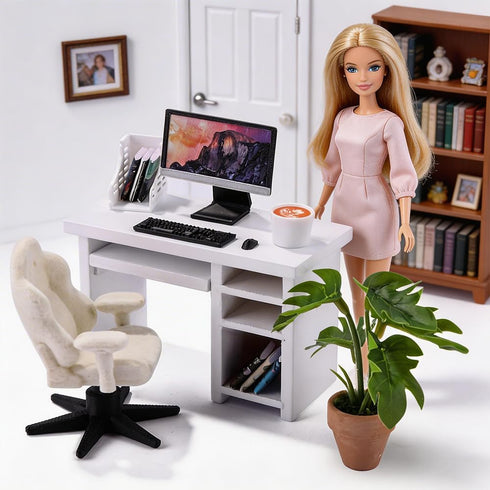 1:12 Set 14pcs DIYDEC Scale Miniatures Office Desk Dollhouse Office Including Mini Computers Desks Office Chair