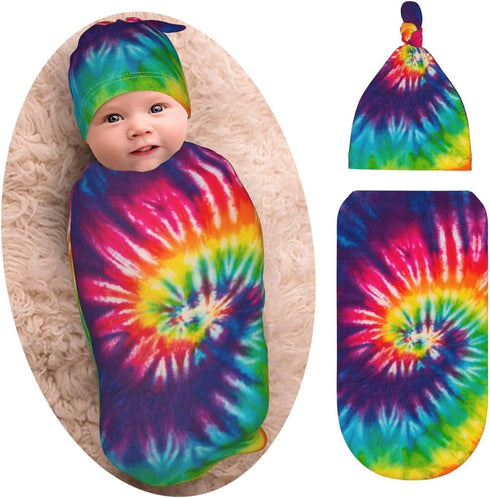 Tie Dye Colorful Rainbow Newborn Swaddle Blankets Beanie Hat Sets, Soft and Stretchy Baby Blanket for Baby Shower
