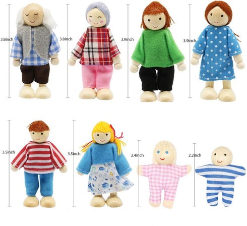 Lovely Family Dollhouse Dolls Set of 8 Wooden Figures, Kids Girls Happy Playset Characters Accessories for Children