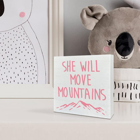 NKBINLILI Wooden Box Sign: She Will Move Mountains - Inspirational Girls Room Decor, Motivational Nursery Gift for Baby