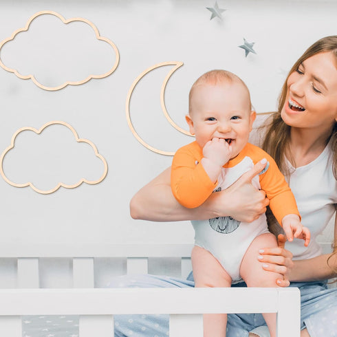 Kathfly4 Pieces Boho Nursery Cloud Star Wall Decor Wooden Babyroom Moon Rattan Wall Decor Wooden Rainbow for Children