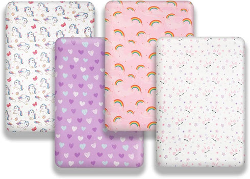 Jola's House 4 Pack Set Soft Baby Girl Crib Sheets for Standard Crib Mattress Unicron Rainbow Heart Cute Neutral