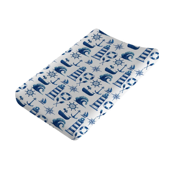 Nautical Life Changing Pad Cover, Navy White Lighthouse, 32"x16" Soft Stretch Diaper Change Table Cover