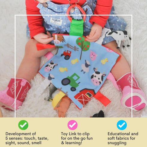 The Learning Lovey 5 Tummy 8" 8" Baby Sensory Farm Animal Crinkle Tag Toy for Developing Senses - Learning Shapes