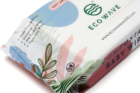 100% (Pack 4) Eco Wave Baby Wipes, Compostable Eco-Friendly Bamboo Wipes, Unscented, Hypoallergenic, Vegan
