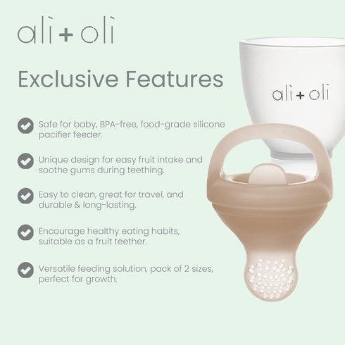 Ali+Oli (2-pc) Food & Fruit Feeder Pacifier Set (Oat & Coco), BPA-Free Silicone for Baby