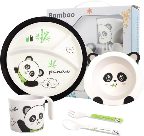 Bamboo Toddler Dinnerware Set, 5Pcs Baby Plates and Bowls, Christmas Kids Dishes Set with Plate, Bowl, Cup, Fork, and