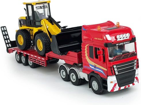 Flatbed Truck Toy with Excavator Loader, Metal Diecast Construction Vehicles 2 in 1 Playset for Boys Kids Gift (Red)