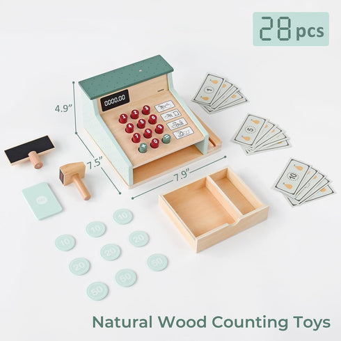 PairPear Wooden Toy Cash Register with Scanner and Credit Card, Kids Pretend Play Money Counting Toy for Boys Girls 3+