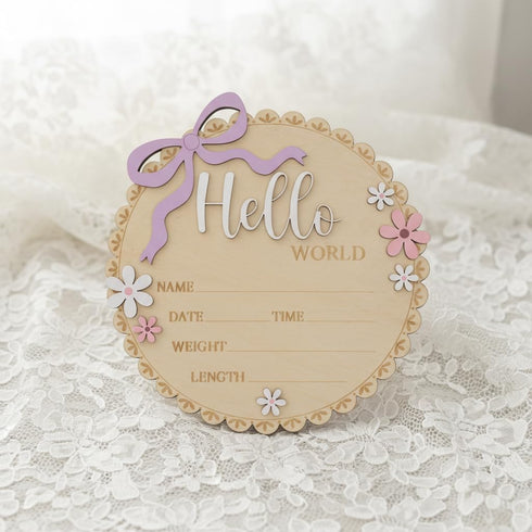 TTMerriwood Hello World Wooden Baby Birth Announcement Sign, Pink Floral Newborn Name Date Time Weight Length Board