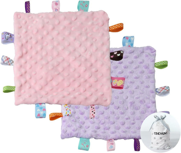 CREVENT Tag Security Blankets for Babies, Soft Small Loveys for Girls, Baby Comforter Sensory Blanket, 10"X10"